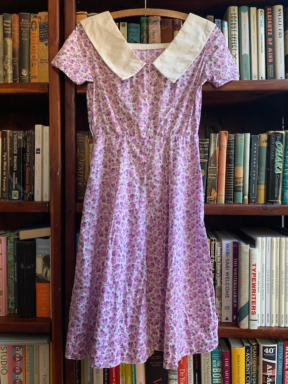 1940s pink purple ditzy print dress floral, white… - image 2