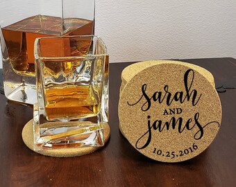 Custom Coasters, Personalized Coasters, Natural Cork Coaster, Monogram Coaster, Inexpensive Wedding Favors, Bridesmaid Gifts SET of 4 (174)