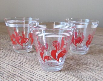 3 vintage juice glasses Hazel Atlas Red Rooster double shot glasses