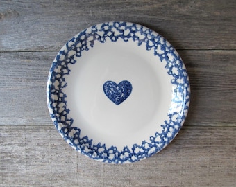vintage blue heart sponge ware dinner plate