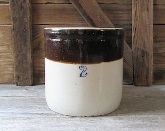 antique 2 gallon open crock - two tone salt glaze stoneware hand painted cobalt blue 2