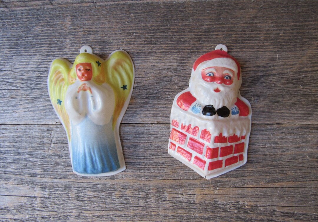 Pair Vintage Plastic Tree Ornaments Santa Claus and Angel Etsy