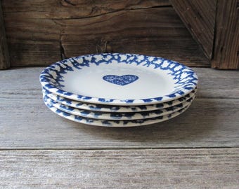 4 vintage salad plates blue heart sponge ware