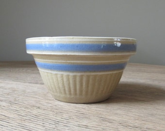 antique yellow ware bowl 5.5" blue white bands