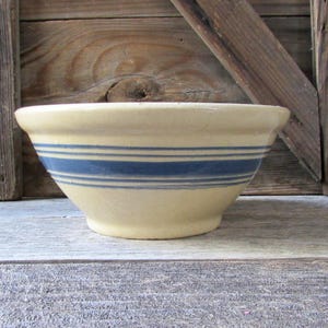 antique yellow ware bowl blue bands