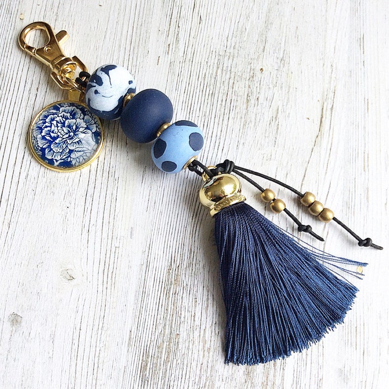 Blue Tassel Keychain Tassel Bag Accessory Blue Polymer Etsy