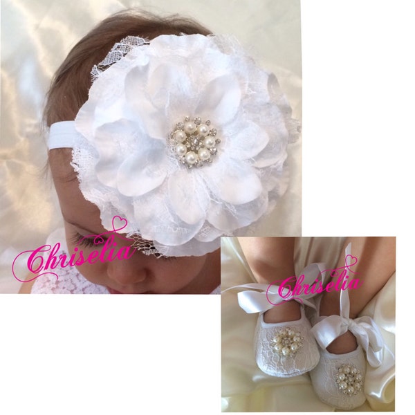 Baptism Headband, Baptism Shoes, White Baptism Headband, Baby Girl Headband, Baby Girl Headband, Baby Headband, White Baby Headband