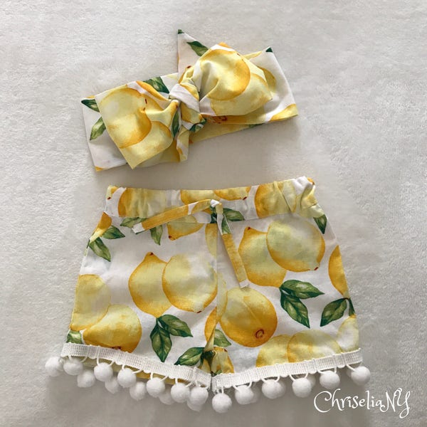 Lemon pom pom shorts, baby shorts, girls shorts, toddler shorts, baby pom pom shorts, pom pom shorts, lemon head wrap