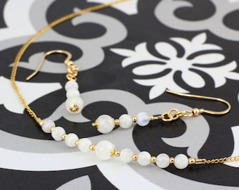 June / Moonstone gemstone Birthstone Row necklace and earrings