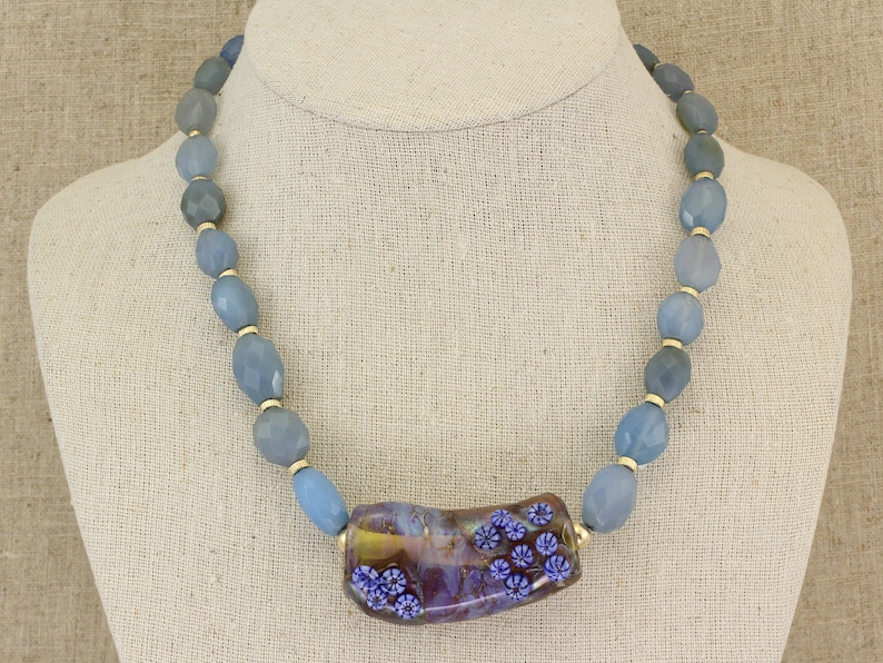 Lampwork Glass and powder blue Agate bead necklace BN202