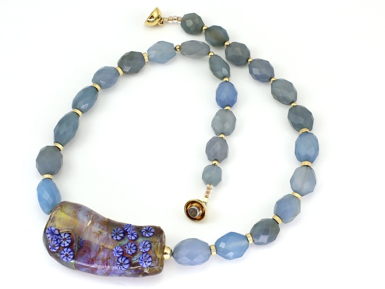 Lampwork Glass and powder blue Agate bead necklace BN202