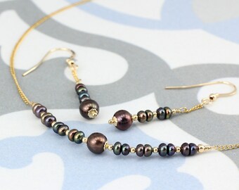 June / Peacock Pearl Birthstone Row necklace and earrings