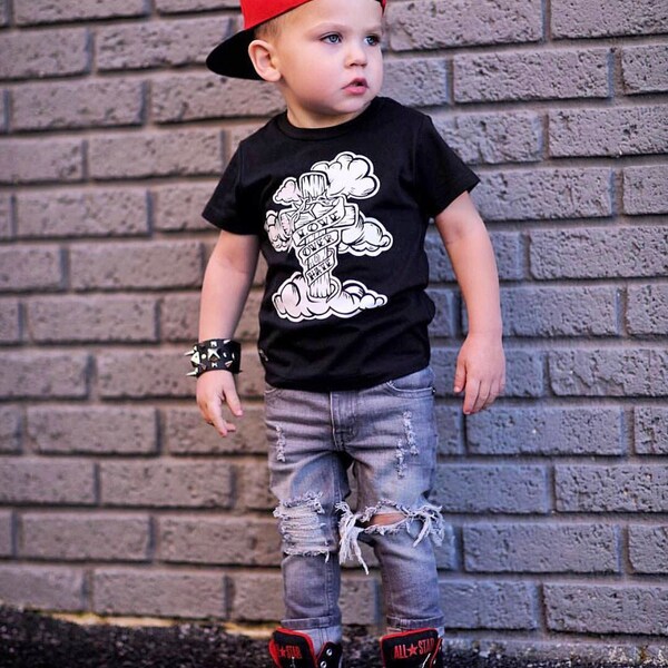 REBELS baby toddler girl boy unisex destroyed distressed ripped gray skinny denim jeans