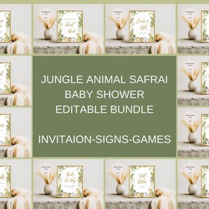 Paquete de letreros editables para baby shower con diseño de safari en la jungla, invitación para baby shower con diseño de safari en la jungla, juegos para baby shower con animales de safari y paquete para baby shower