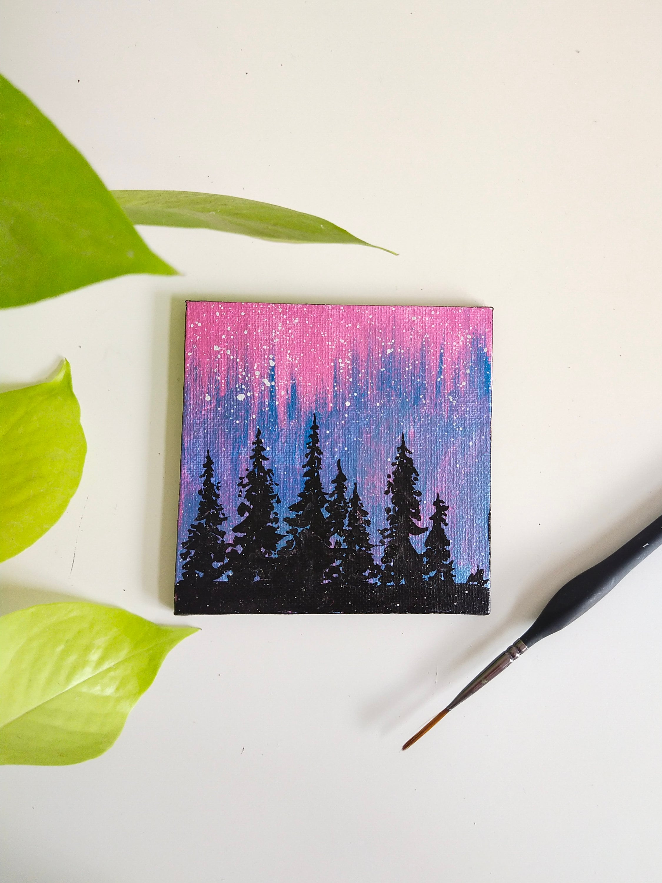 Mini Canvas Painting, Gift Aesthetic Northern Lights Canvas Orginal Art, Acrylic  Painting , Small Painting, Tiny Canvas, , Purple ,handmade 