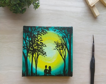 Couple aesthetic forest, woods small canvas orginal art, acrylic painting , small painting, tiny canvas, mini canvas, purple ,handmade tiny