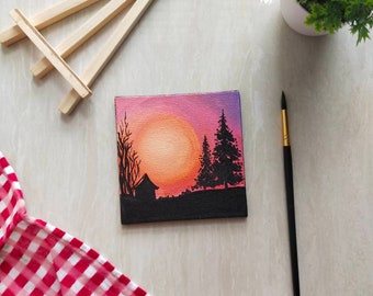 Mini toile peinture, cadeau esthétique coucher de soleil petite toile art original, peinture acrylique, petite peinture, petite toile, violet, fait main