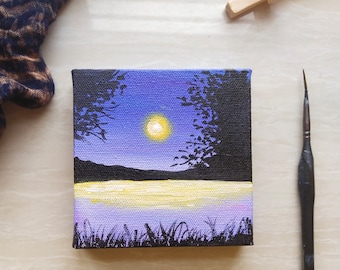 Purple sky sun aesthetic sunset small canvas orginal art, acrylic painting , small painting, tiny canvas, mini canvas, purple ,handmade tiny