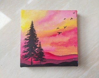 pink aesthetic pine tree painting, Gift aesthetic winter landscape small canvas orginal art, acrylic painting, small painting, tiny canvas,