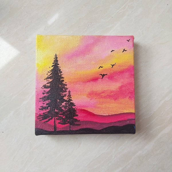 pink aesthetic pine tree painting, Gift aesthetic winter landscape small canvas orginal art, acrylic painting, small painting, tiny canvas,