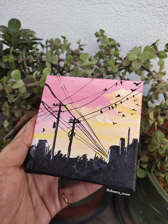 Urban Sunset Small Canvas Orginal, Acrylic Painting , Bohemian Print, Small  Painting, Tiny Canvas, Mini Canvas, Pink Sunset, Pastel Sky 