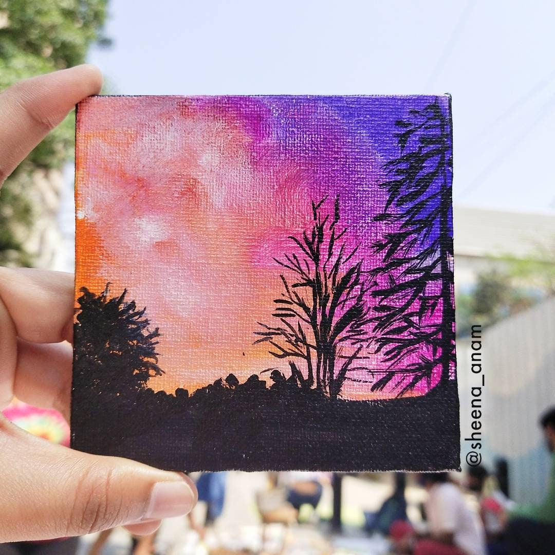 Urban Sunset Small Canvas Orginal, Acrylic Painting , Bohemian Print, Small  Painting, Tiny Canvas, Mini Canvas, Pink Sunset, Pastel Sky 