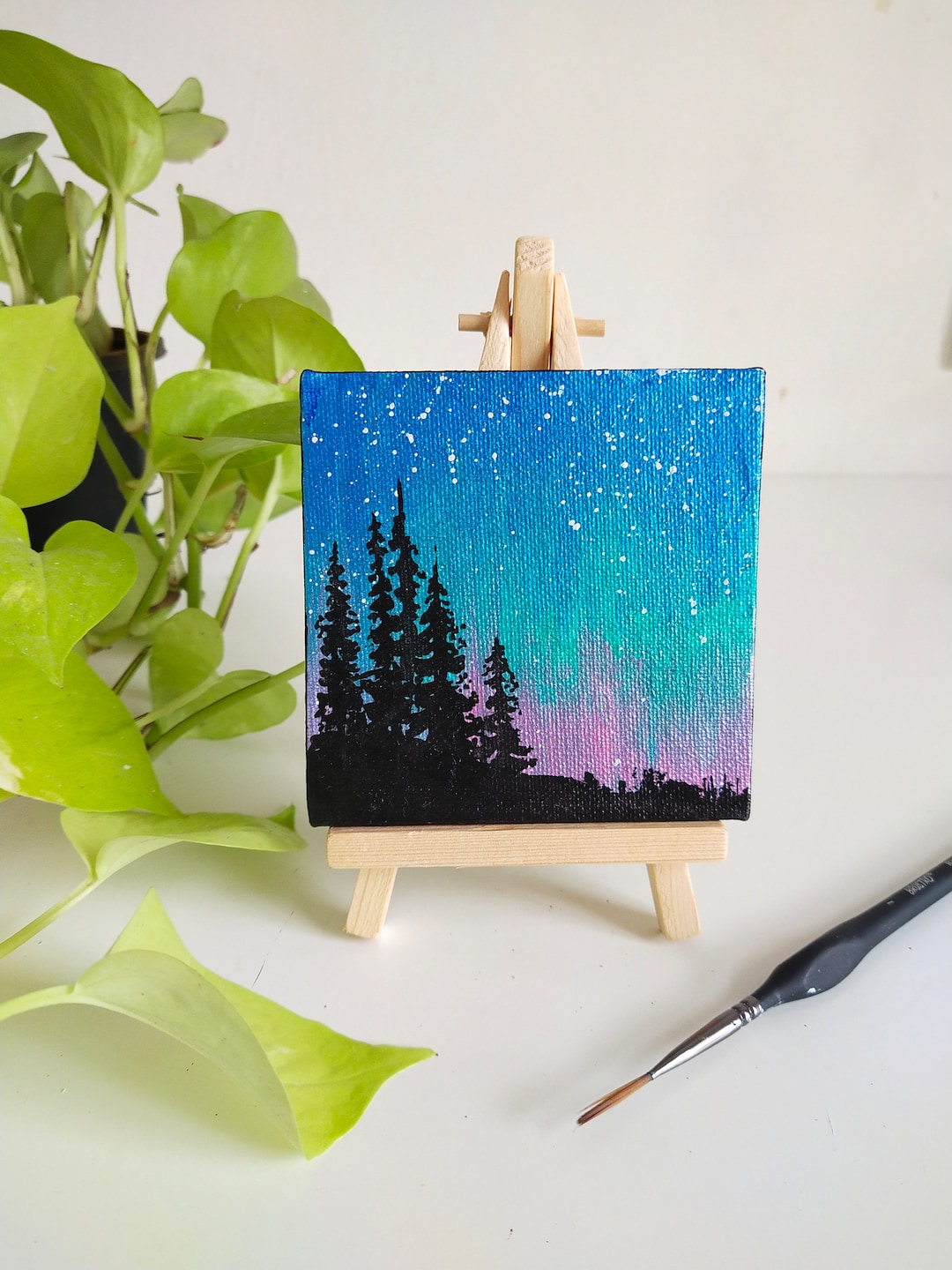 Mini Canvas Painting, Gift Aesthetic Northern Lights Canvas Orginal Art