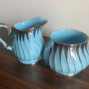 Sadler Cream and Sugar Set, Vintage Blue Creamer and Sugar Bowl, Blue and Silver Swirl Antique Sadler Tea Cream and Sugar Set