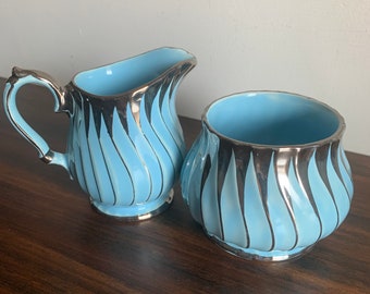 Conjunto de crema y azúcar Sadler, crema azul vintage y azucarero, crema de té y azúcar Sadler antiguo remolino azul y plateado