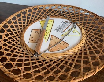 Plato de queso vintage, bandeja de queso con borde de mimbre muy única, plato de queso antiguo