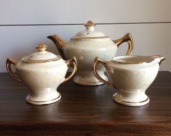 Crema de tetera perlada de marfil y oro muy bonita y tazón de azúcar, set de té, tetera antigua, crema y azúcar