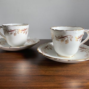 2 Coalport Burgundy Demi-Tasse Teapcups, Set of 2 plus 3 extra saucers, Beautiful China Teacups with Gold and Dark Red Accents