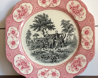 Vintage Transferware Plate, China Inglaterra "Rose Terrace" Transferware, Diseño borgoña y negro, placa de servicio única, Serveware