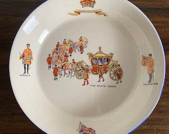Tazón de coronación del Rey Jorge VI, Plato conmemorativo raro del Rey Jorge, Plato ilustrado del Rey Jorge 1937, Entrenador estatal, Trompetista