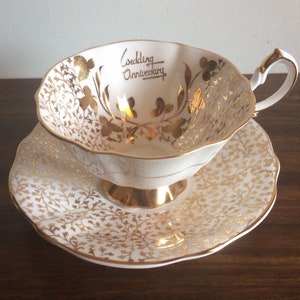Gold Anniversary Teacup, Queen Anne Wedding Anniversary Teacup, Cup and Saucer, Anniversary Gift