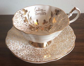 Taza de té del aniversario de oro, taza de té del aniversario de boda de la reina Ana, taza y platillo, regalo de aniversario