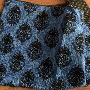 Handmade Baby Quilt, Wholecloth Damask Skulls Quilt, Black and Blue Baby Quilt, Machine Quilted Wholecloth Quilt, Skull and Dot Quilt