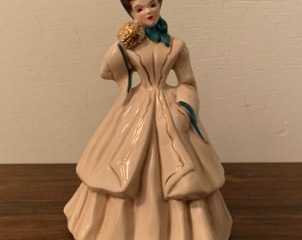 Florence Ceramics Irene Lady Figura Crema y Verde Azulado con Oro, estatuilla, Victoriana