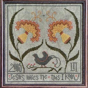 May include: Cross stitch embroidery pattern featuring two stylized yellow flowers with green stems and leaves, a small black bird, and the text "2005 Jesus loves me this I know!"