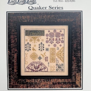 May include: A framed cross-stitch sampler from the Quaker Series, featuring the word "STRENGTH" at the bottom. The sampler includes various floral and geometric patterns in shades of gold, purple, and green, with the year 2007.