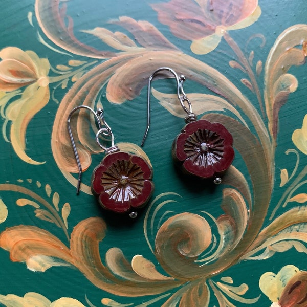 Made to order Romani Poppy folk flower earrings, Romany Gypsy flowers, Vardo painting flowers, wagon flower, caravan art, remembrance
