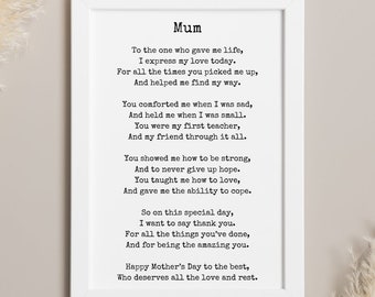 Mother's Day Poem, Digital Download Print, Mother's Day Gift, Last Minute Gift for Mum, Unique Gift for Mum, Digital Poem Print, Digital Art