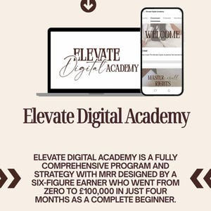 Könnte beinhalten: Bild mit einem Laptop und Smartphone, die das Logo "Elevate Digital Academy" und einen Willkommensbildschirm zeigen. Der Text lautet "Verwandeln Sie Ihre Vision in die Realität mit..." und beschreibt die Programmstrategie.