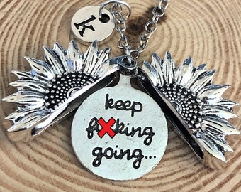 Keep Fucking Going Sunflower Necklace, Silver, Fathers Day Sunshine Friendship Gift Love Sun Flower Be Kind Positive Safe Get Well Soon Gift