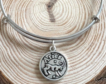 Aries Adjustable Bangle Bracelet, Horoscope Bangle, Zodiac Bangle, Birth Sign, Star Sign Bangle, Silver Aries Bangle, Gift for Her