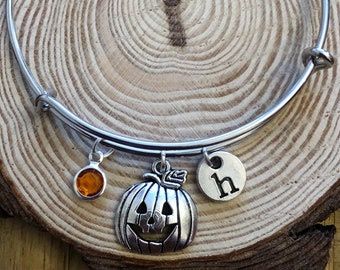 Handmade Silver Pumpkin Bangle, ADJUSTABLE Bangle, CHOOSE initial, Halloween Bangle, Pumpkin Jewellery, Spooky Jewellery, Orange Stone Charm