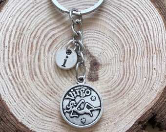 Virgo Zodiac Keyring, Vintage, Silver Coin Keyring, Astrology keyring, Personalised keyring, Horoscope keyring, Star sign/Sun sign keyring