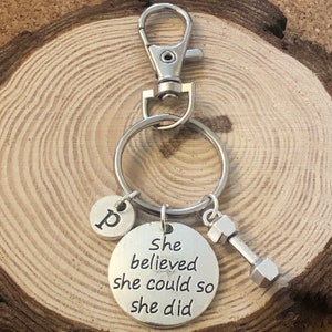 She believed she could so she did keyring, Dumbbell, Silver, Key chain, Workout, Exercise, Weight loss, Health, Key ring, Gift, Accessory
