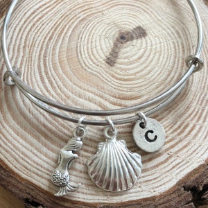 Little Mermaid Bangle, Shell Jewellery, Silver Mermaid Pendant, Beach Bangle, Sea Charm, Custom Bangle, Ocean Jewelry, Gift for her