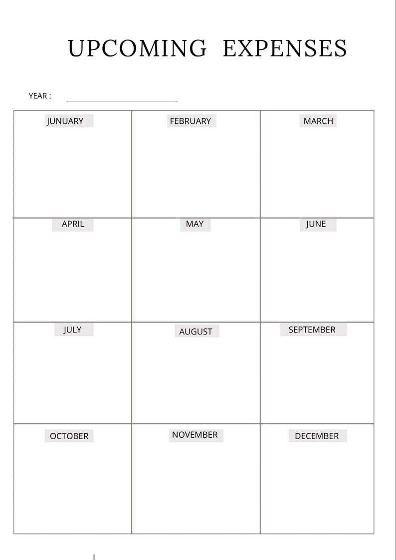 May include: A printable monthly budget planner with a grid layout for tracking upcoming expenses. The planner is divided into 12 months, with each month labeled in a white box. The title "UPCOMING EXPENSES" is at the top of the page.